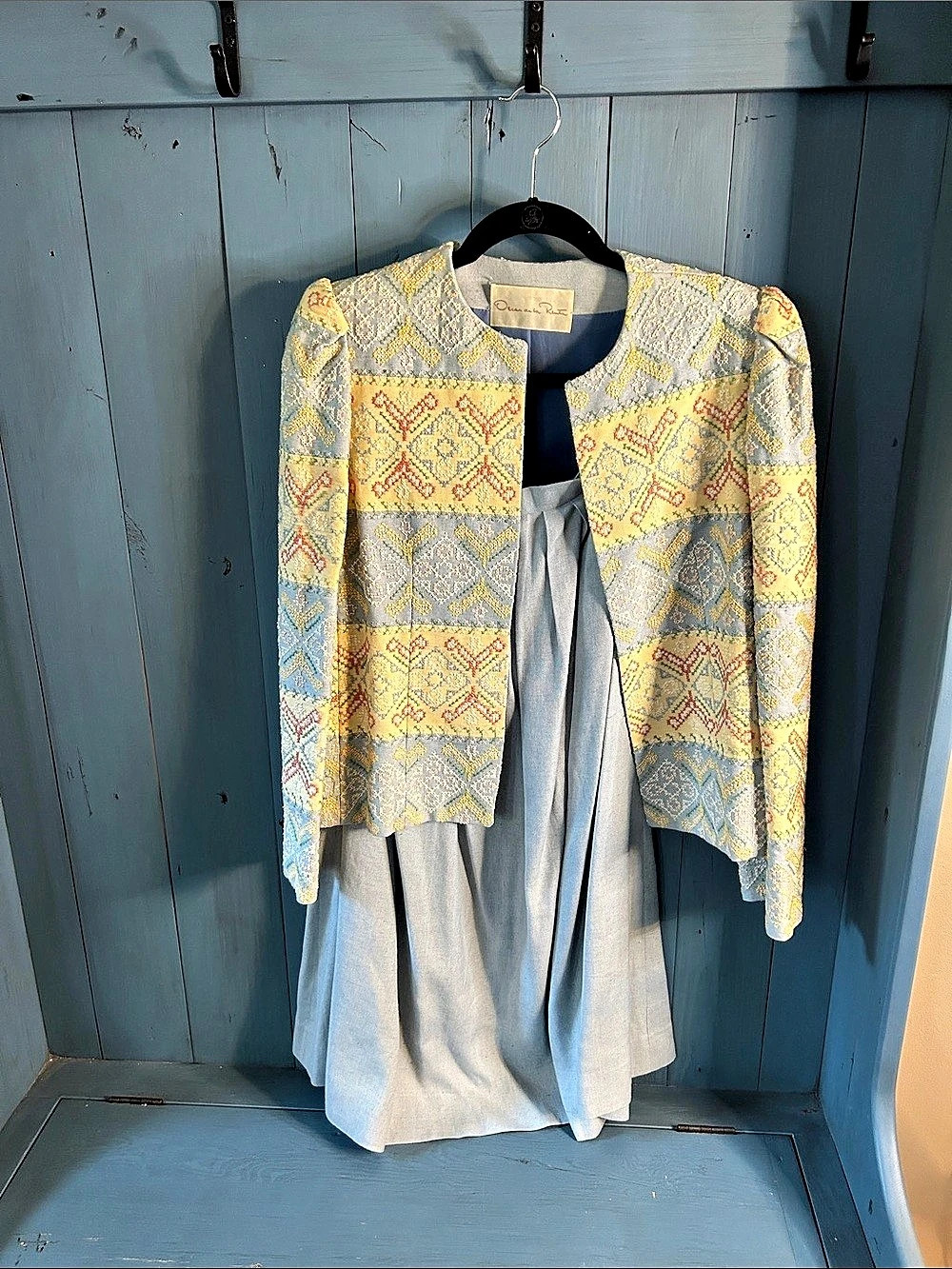 Oscar de la Renta Geometric Midi Dress Set in Blue & Yellow - Vintage 1980-90’s